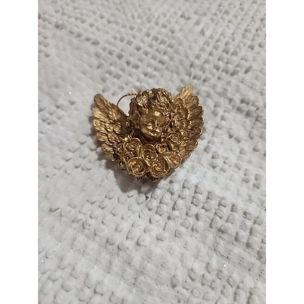 Rare Vintage 3D Cherub Angel Face & Wings Rose Flowers Art Gold Wall Hangings